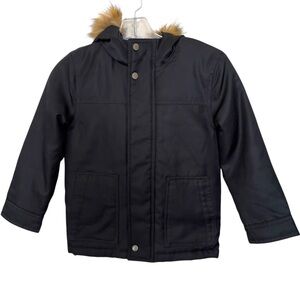 GAP Kids Boys Black Parka Jacket Removable Faux Fur Trim Hood Minimalist Size S